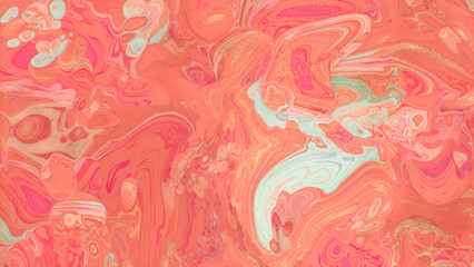 Flowing Elegant Marbling Background in Beautiful Coral and Pink colors. Liquid texture with Gold Powder.