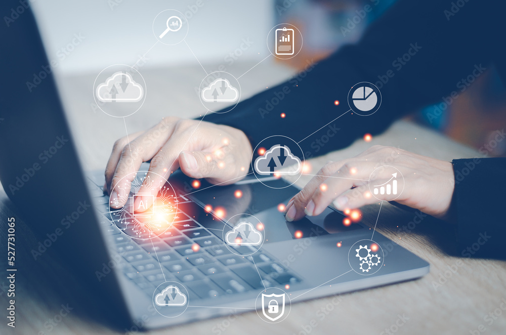 Poster business woman use laptop with cloud computing diagram show on hand. ai cloud technology. data stora