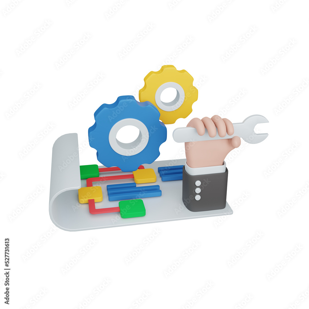 Poster 3d rendering plan concept with gear and colorful strategy symbol. useful for web development