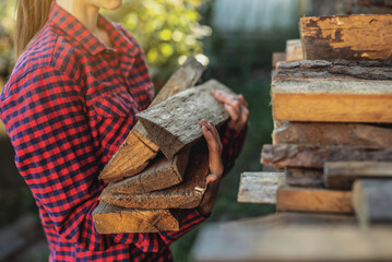 Woman is putting wood in hands from a woodpile for a home fireplace. Wood-burning heating and the...