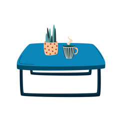 Blue coffee table. Minimalistic desk furniture for interior with potted plant and cup of coffee. Flat vector cartoon illustration, clipart.