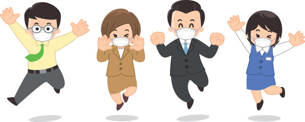 マスクを付けたビジネスパーソンがジャンプしている