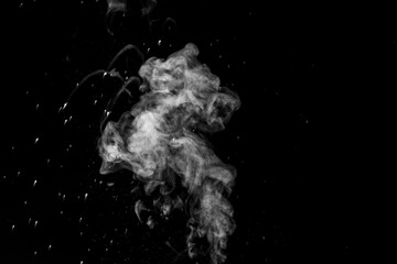 vapor steam rising over black background to overlay on your photos. Splashes and drops of water. Curly white steam rising up and splashing water scattering in different directions