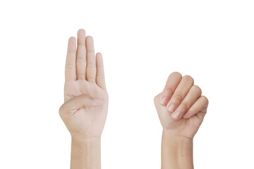 Close up Asian female15-20 age hand show Number four finger, sign arm and hand isolated on a white...