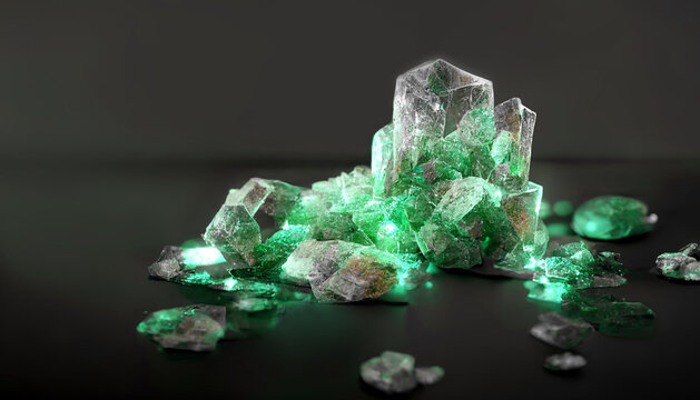Realistic quartz green cristals on a dark background