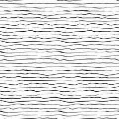 Thin horizontal lines vector seamless pattern. Hand drawn doodle ornament with parallel thin brush stripes. Black and white striped seamless pattern. Freehand drawing, sketchy style ornament.