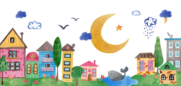 Lovely houses, town. Whale in the lake. Crescent moon in the sky, children's illustration. Watercolor