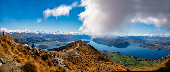 Stunning panoramic view of the scenery from the top of Roys peak walking track in Mt aspiring...