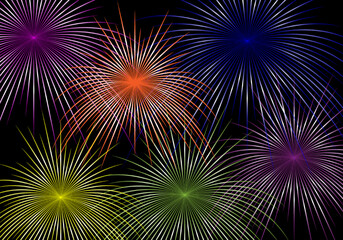 Colorful fireworks shapes are isolated on a black sky background.