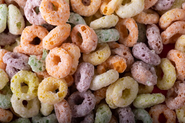 Full frame shot of colorful ring shaped breakfast cereal, copy space