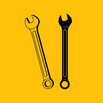 wrench silhouette Black flat icon. Vector illustration isolated on a yellow background