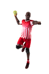 Confident african american young male handball player throwing ball against white background