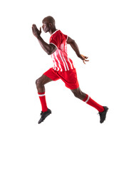 Fototapeta na wymiar Full length side view of young male african american soccer player running over white background