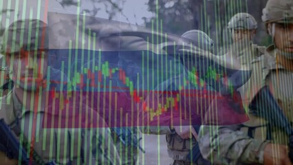 Animation of data processing over flag of russia and diverse male soldiers - Powered by Adobe