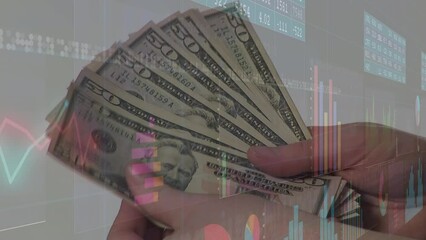 Animation of data processing over hand with banknotes - Powered by Adobe