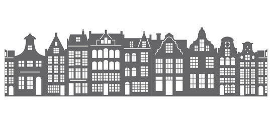 European houses seamless border. Amsterdam buildings row pattern. Silhouette of street of the city. Vintage architecture landscape. Vector panorama. - obrazy, fototapety, plakaty