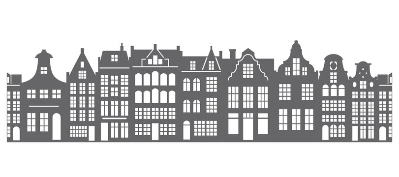 European houses seamless border. Amsterdam buildings row pattern. Silhouette of street of the city. Vintage architecture landscape. Vector panorama.