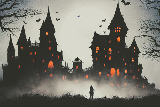 3D illustration Horror Castle Background With Graveyard In Halloween Night.