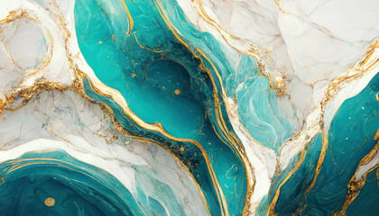 Abstract luxury marble background. Digital art marbling texture. Turquoise, gold and white colors - obrazy, fototapety, plakaty