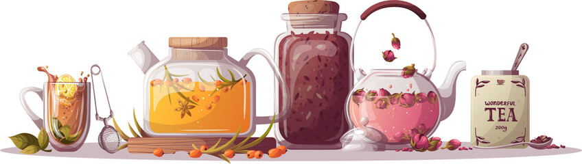 Teapots, jar with loose tea, tea cup, tea strainer illustration 