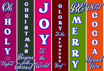 Christmas neon sign bundle. Bright glowing shiny vertical porch sign for night home decoration, front door sign hanging, background. Christmas long sign vector design. Winter holiday quote design