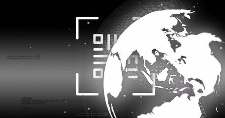 Qr code and data processing over spinning globe against black background - Powered by Adobe