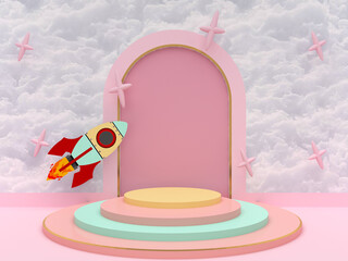 Colorful step stage podiums with rocket and cloud with pink arch on background. Pedestal for kid product presentation. Geometric 3D render