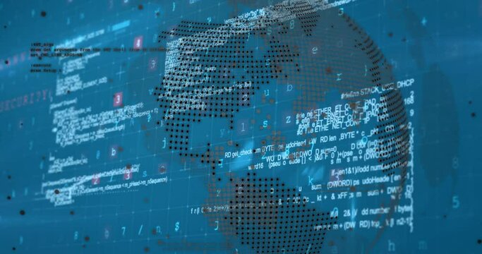 Cyber security data processing over spinning globe against blue background