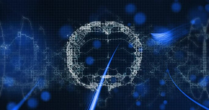 Digital waves over human brain icon against blue spots of light on blue background