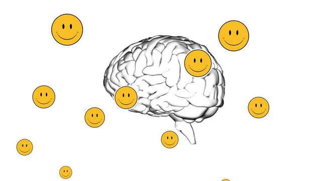 Multiple smiley face icons floating over human brain icon spinning against white background