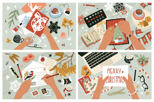 Creative process. Handmade, creating Christmas decorations, congratulations and cards. Happy holiday. Flat style in vector illustration.