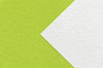 Texture of paper green background, half two colors with white arrow, macro. Structure of dense...