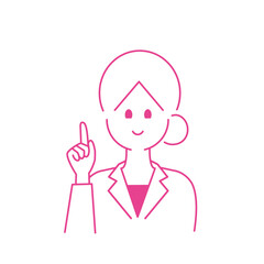 白衣を着て右手の人差し指を立てている女性の上半身