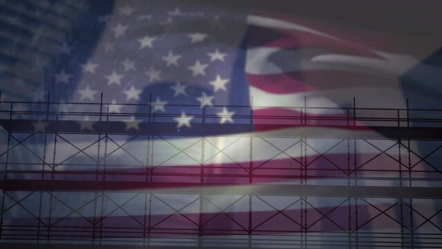 Animation of construction site and cityscape with american flag