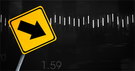 Image of financial data processing and road sign over black background
