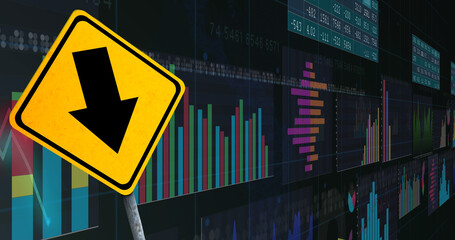 Image of financial data processing and road sign over black background