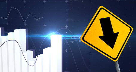 Image of financial data processing and road sign over blue background