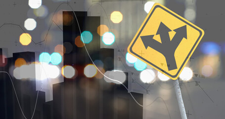 Image of financial data processing over road sign and cityscape