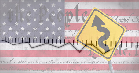 Image of financial data processing over road sign and flag of usa