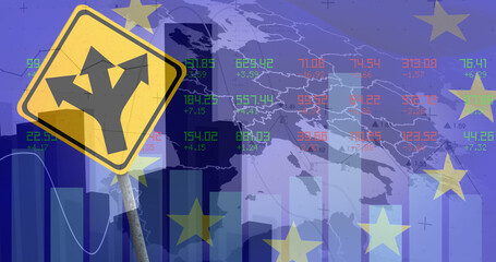 Image of financial data processing over road sign and flag of eu
