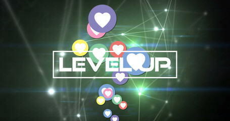 Image of level up text over social media icons and network of connections on black background