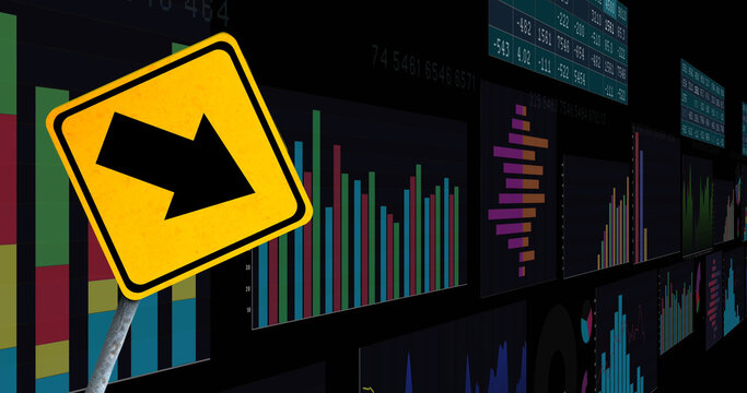 Image of financial data processing and road sign over black background