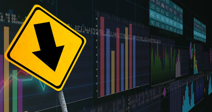 Image of financial data processing and road sign over black background