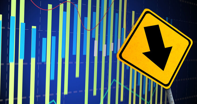 Image of financial data processing and road sign over blue background