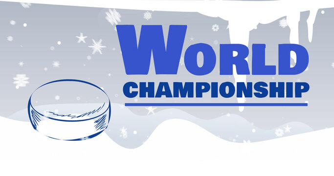 Image of world championship text in blue over illustration of ice hockey puck and snow falling