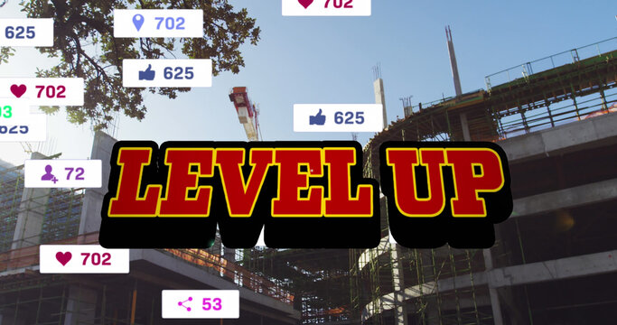 Image of level up text and numbers growing over cityscape - Powered by Adobe