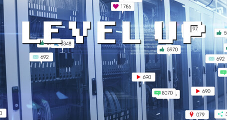 Image of level up text and social media icons and numbers over computer servers