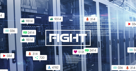 Image of fight text and numbers growing over server room