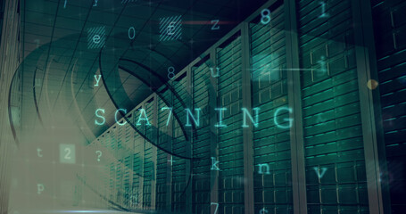 Image of cyber attack warning over server room