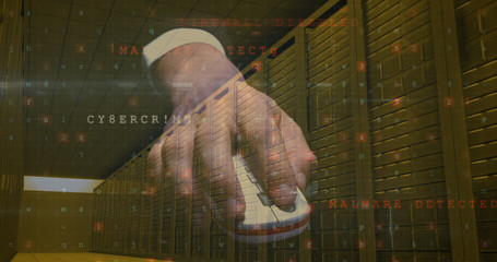 Image of security warnings over hand using computer mouse, server room and data processing